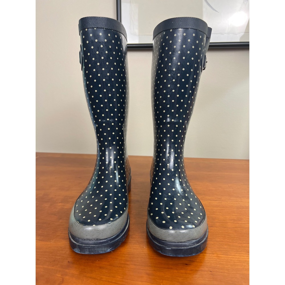 Chooka Classy Classic Navy Polka Dot Rain Boots Womens 7 Waterproof Rubber Tall